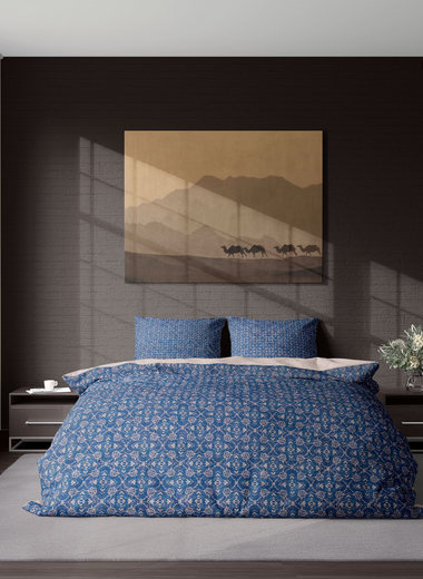 Royal Blue and Coffee Pure Cotton Percale Duvet Cover Set - RAZAEE